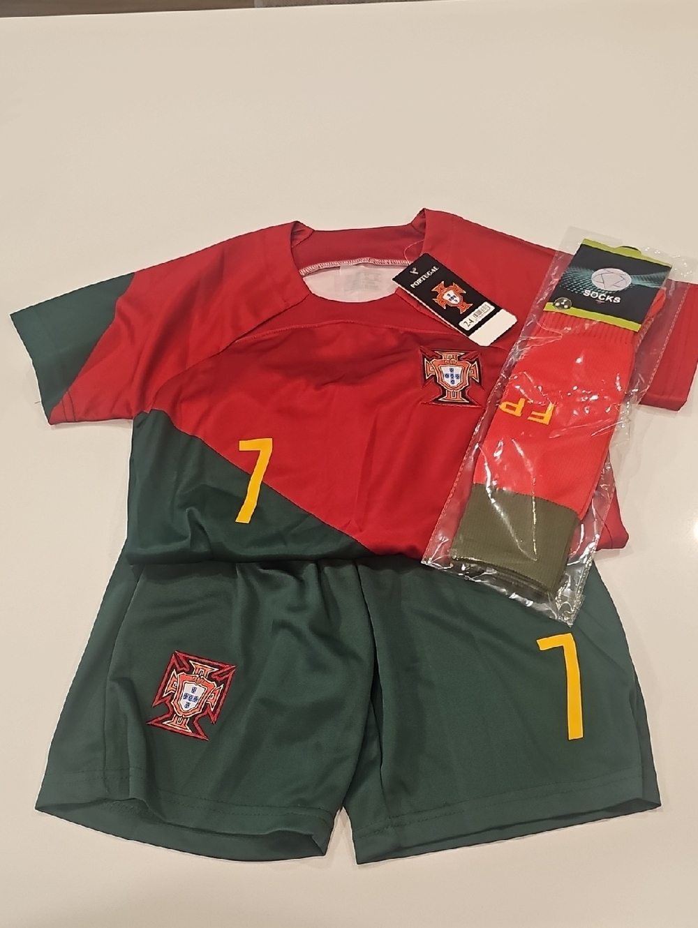 Portugal Kids Red & Green Soccer Jersey Set with Number 7
